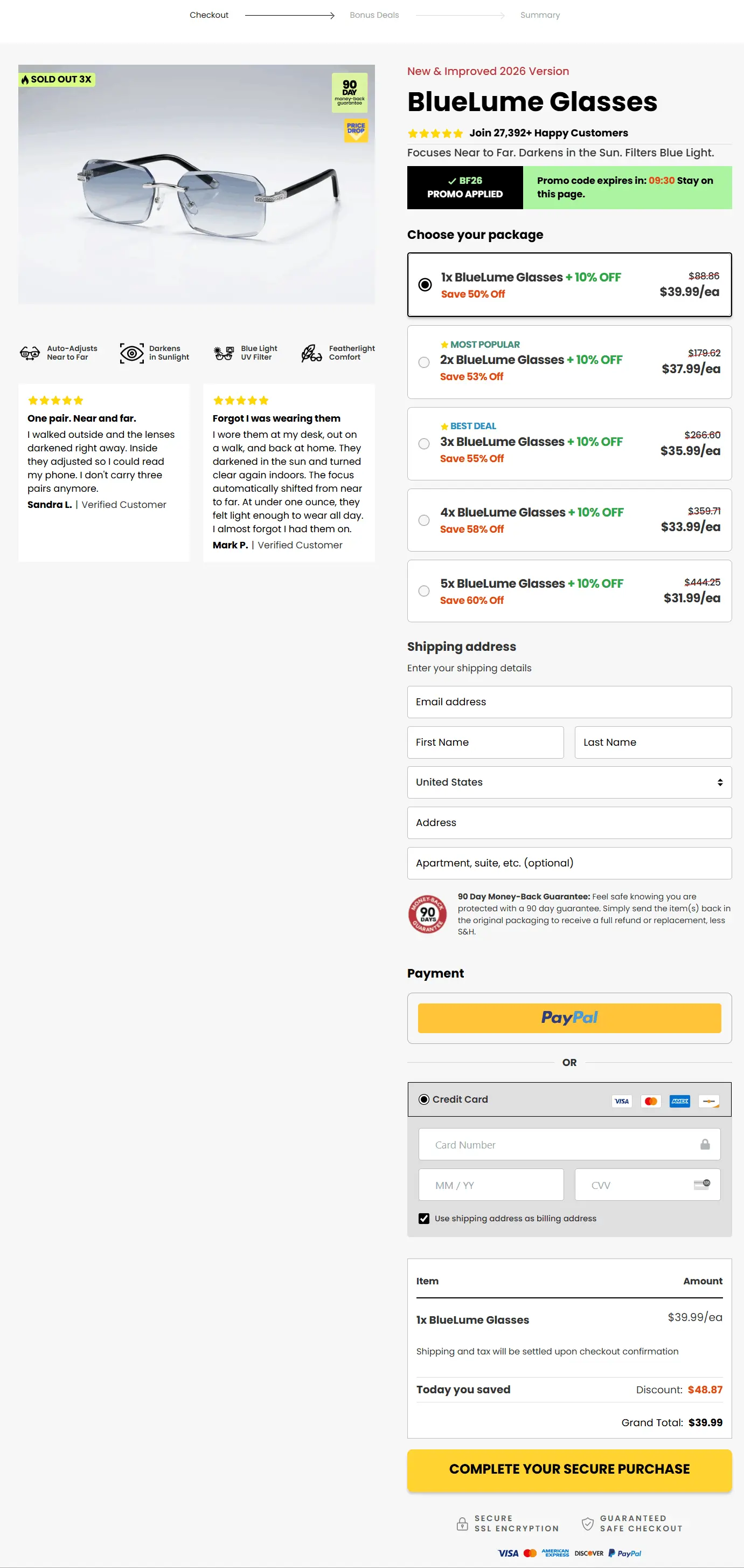 bluelume glasses secure checkout page
